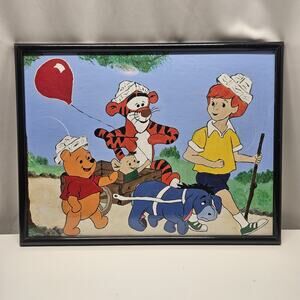 Vtg 90a Winnie The Pooh and Friends Canvas Painting Original Art 18x24 Framed